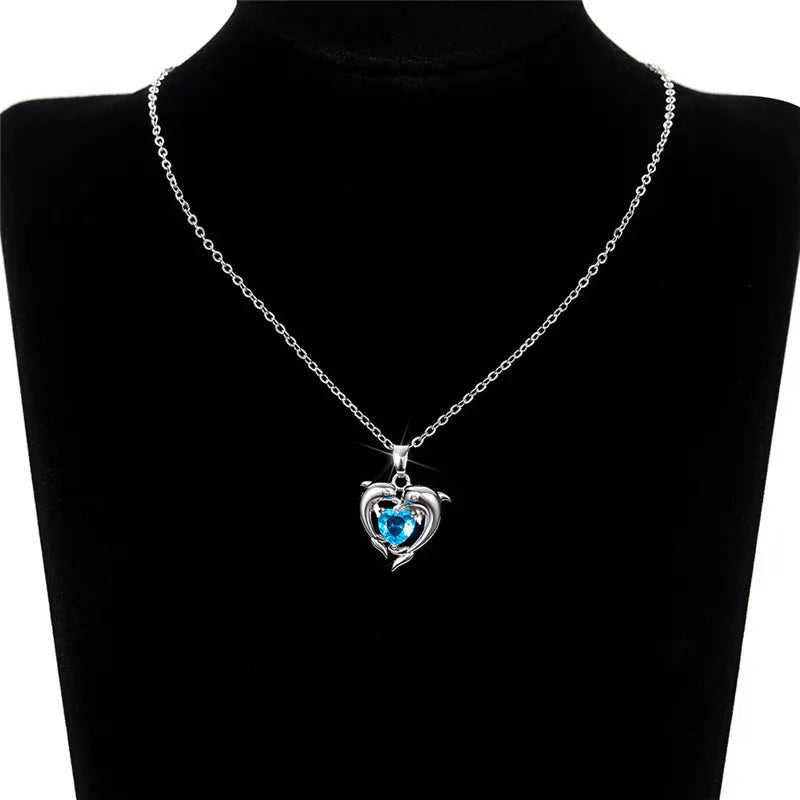 Dolphin Blue Heart CZ Necklace