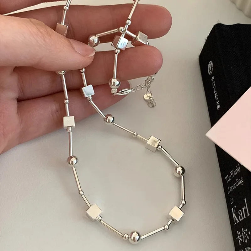 Silver Bead Geometry Necklace