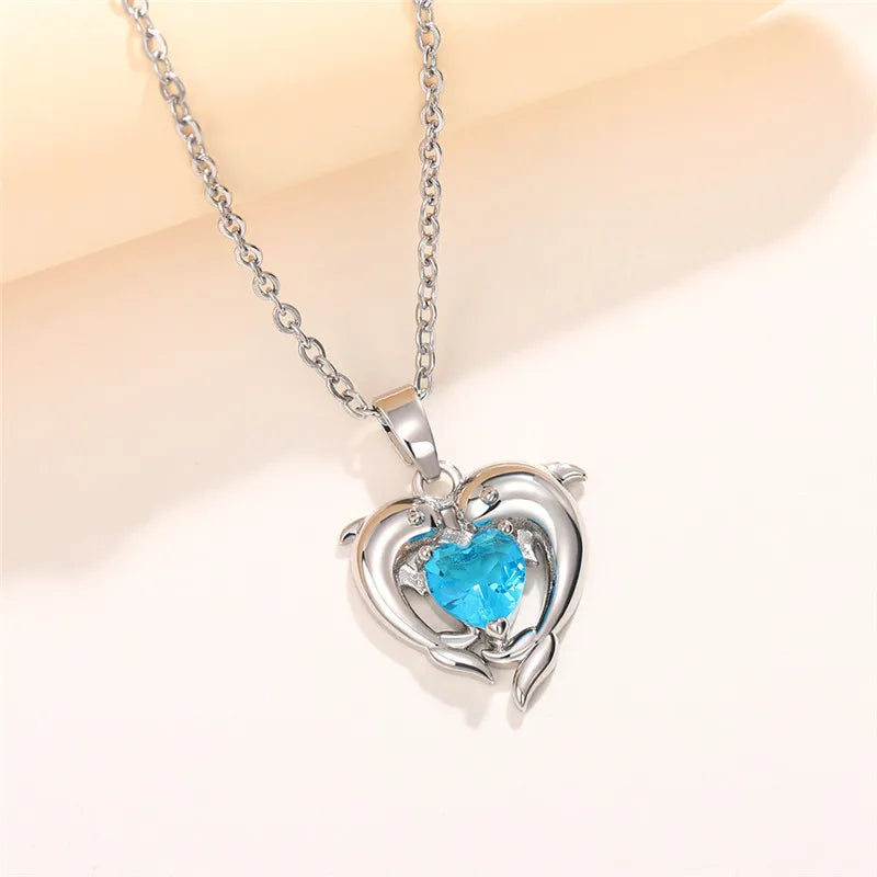 Dolphin Blue Heart CZ Necklace