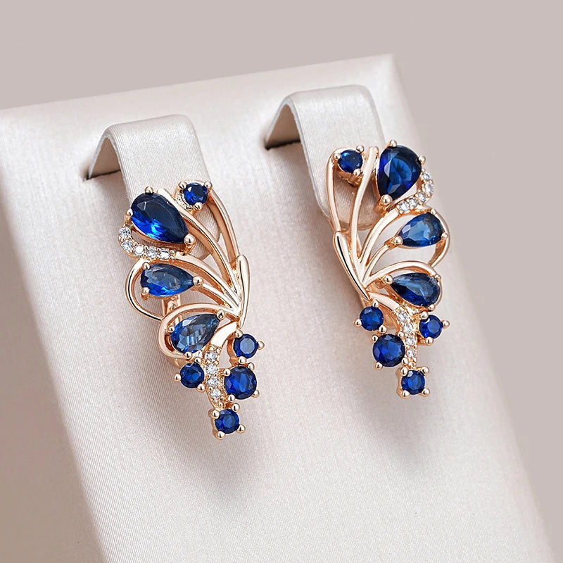 Elegant Blue Crystal Flower Drop Earrings
