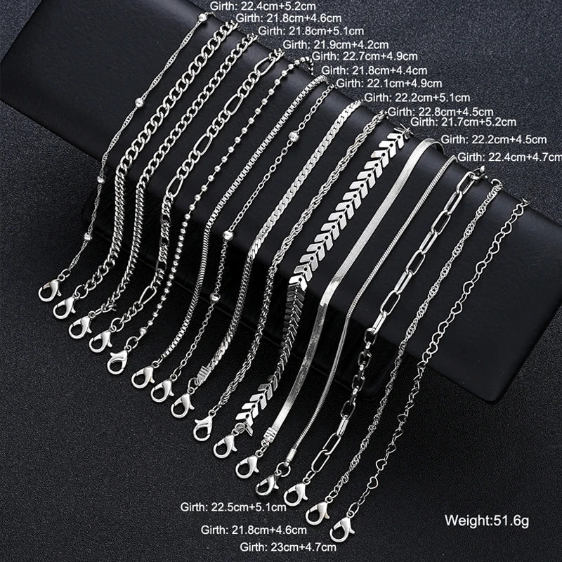 15 Pcs/Set Silver Color Metal Bracelet Set