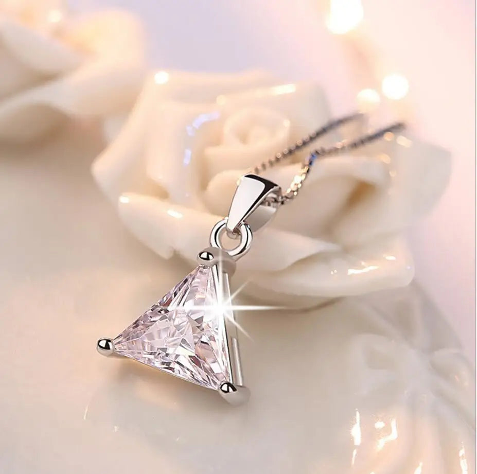 Silver Jewelry Zirconia Triangle Necklace