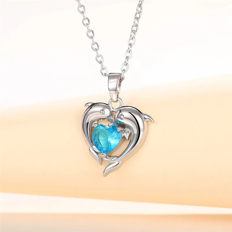 Dolphin Blue Heart CZ Necklace