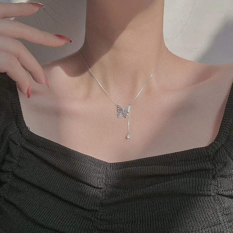 Silver Butterfly Tassel Necklace
