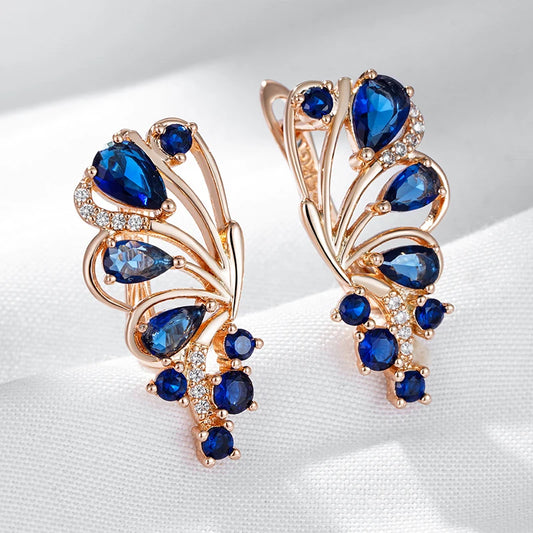 Elegant Blue Crystal Flower Drop Earrings
