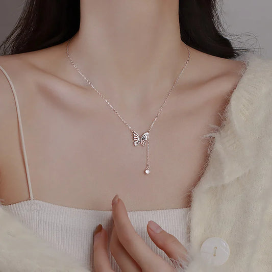 Silver Butterfly Tassel Necklace