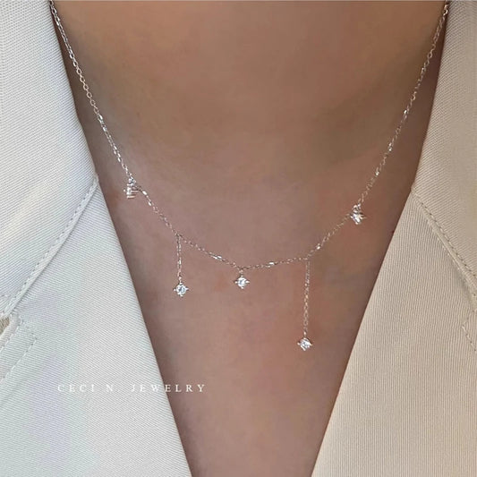 Silver Zircon Star Charms Necklace